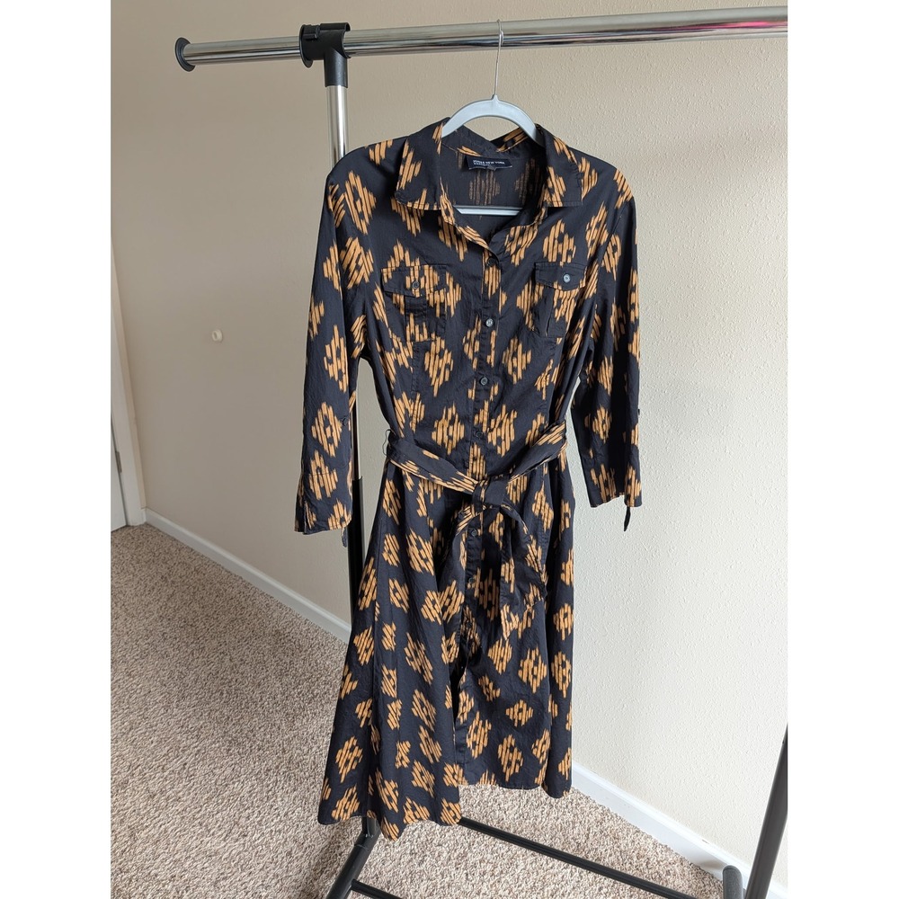 Jones New York Signature Black Gold Ikat Shirt Dress Belted Midi Womens 16